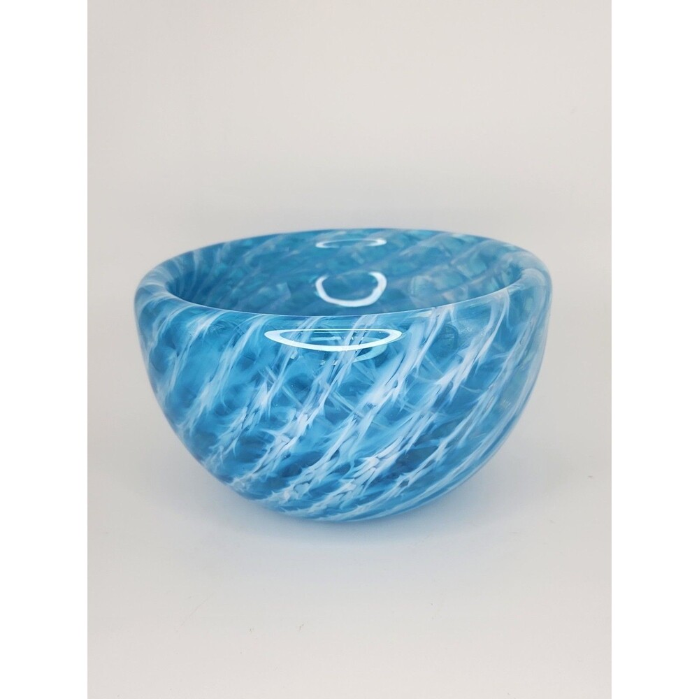 Double Walled Blue & White Art Glass Bubble Bowl, 6" Wide, EUC